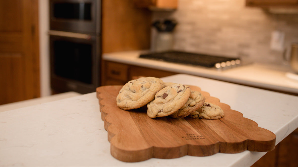 Mimi's Kitchen Cocolate Chip Cookies on a wooden board in Mimi's Kitchen